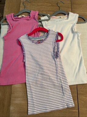 Mini Boden Pink, White & Lavender Girls' Lace Trimmed Ribbed Tank Trio